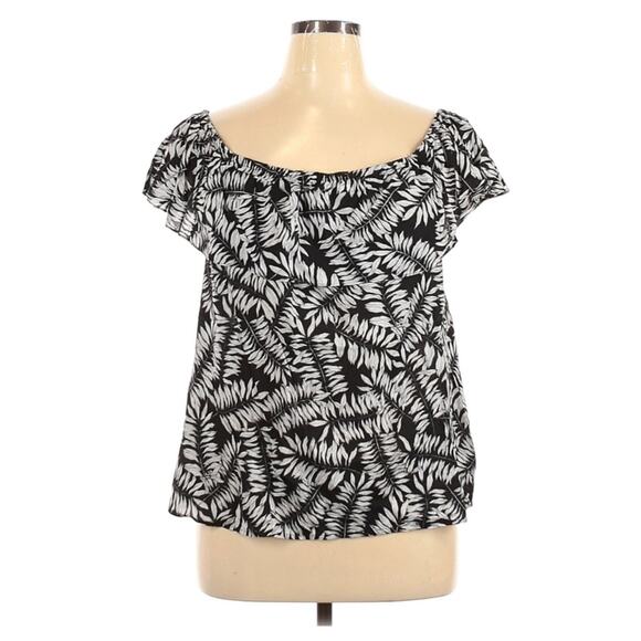 1.STATE off the shoulder ruffle leaf print blouse top black cream Size XL NEW - Picture 1 of 7